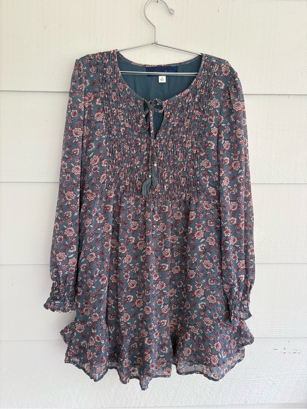 Blue Rain Floral Boho Mini Dress Women’s Small Smocked Tassel Tie Ruffle Hem